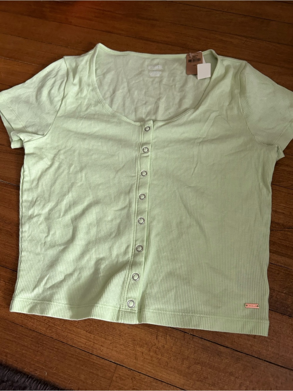 VS PINK Lime Green Ribbed Button-Front Cropped Tee size large NWT